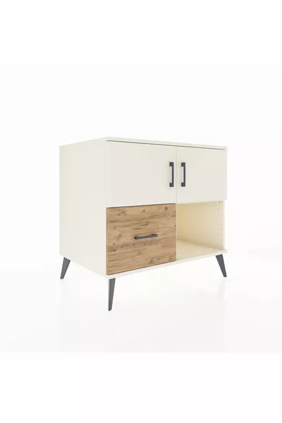 Comò Kronos con 2 ripiani, 1 cassetto e 2 ante, Pietra di luna-Pietra di luna/Pino