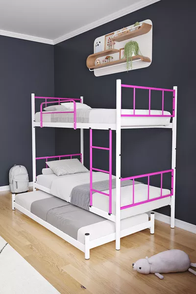 Lit superposé Tekno avec tiroirs, compatible avec 3 personnes, lit en métal rose foncé