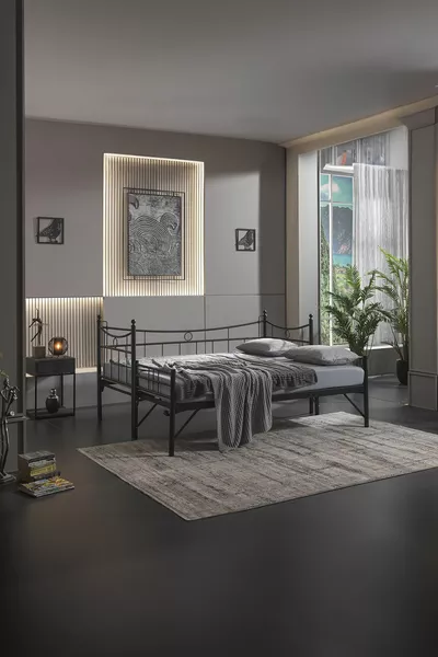 Daily Yavrulu Daybed Single-Double Bed Metal Bed Frame Mattress Set Black