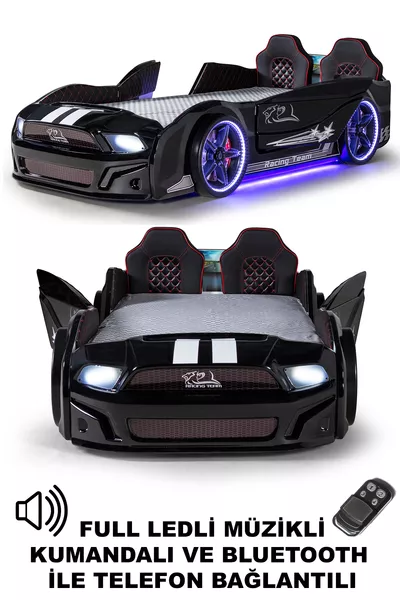 Black Car Bed with Doors That Open, Mustang, Fully LED, Remote Controlled and with Music