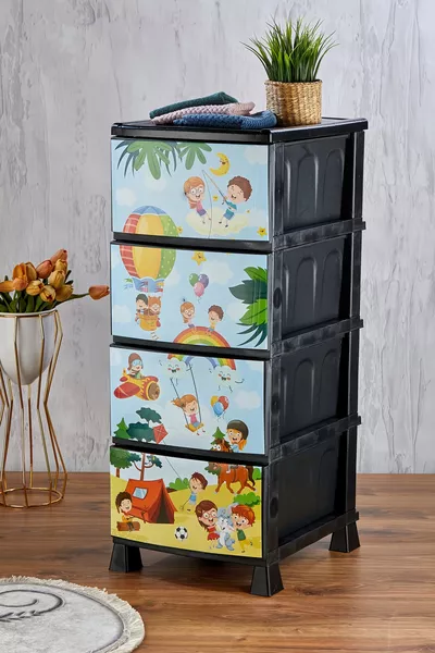 4-stöckiger Kunststoff-Nachttisch mit Schubladen, Kinder-Design, bedrucktem Deckel - als Spielzeug - Spielzeugkorb