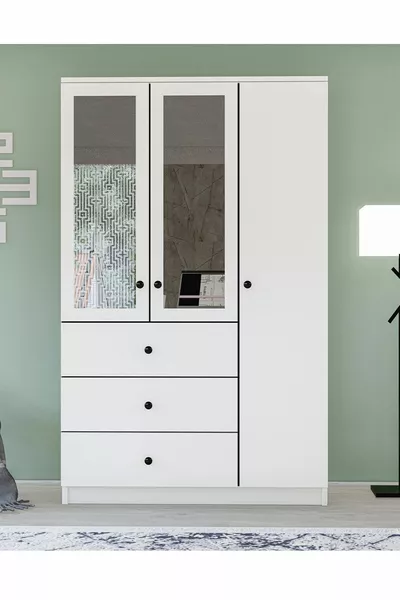Gm  Ece Lüx Armoire 3 Portes 3 Tiroirs avec Miroir et Poignées Bouton