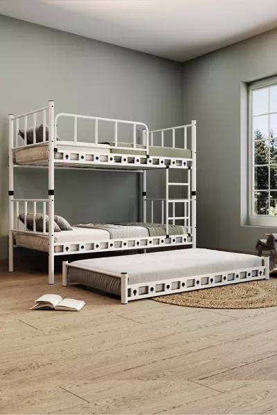 Letto a castello e letto singolo in metallo bianco per cameretta dei bambini Argimo Zambak Yavrulu cm