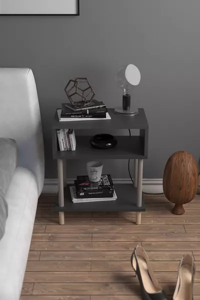 Table de chevet moderne à 2 étagères pour chambre à coucher, organisateur de chevet avec pieds en bois - Anthracite