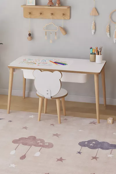 Kinderactiviteitentafel met papierrol, 1 stoel en lade - Panda