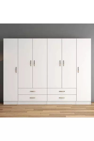 6-türiger, 4-schubladiger großer Kleiderschrank Weiß - 