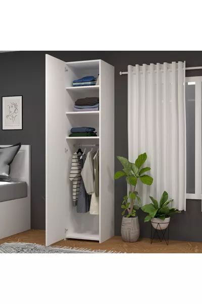 Retro-4 Wardrobe with 3 Shelves, 1 Door, and Straps, White
