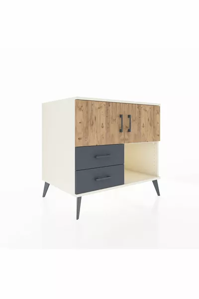 Commode Kronos avec 2 étagères, 2 tiroirs et 2 portes, Pierre de Lune-Pin/Anthracite