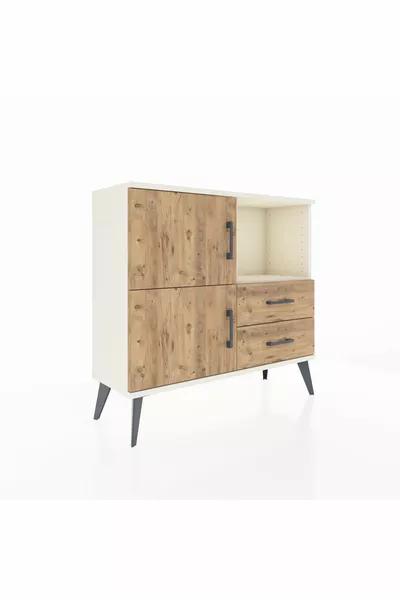 Commode Arges avec 2 étagères, 2 tiroirs et 2 portes, couleur Pierre de lune-Pin