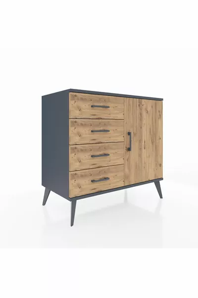 Commode Hyperion à une étagère, 4 tiroirs et une porte, Anthracite-Bois de pin