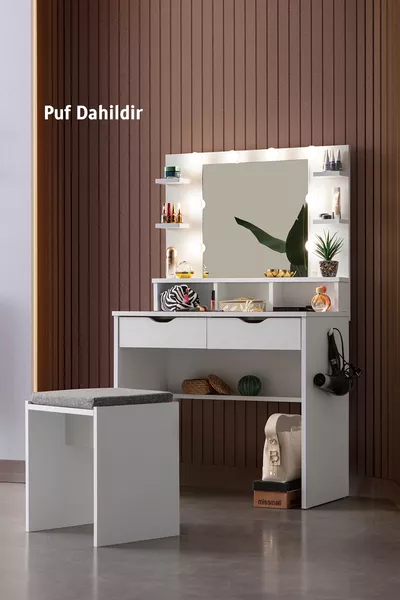 Tavolo da Trucco Diva Hollywood con Specchio a LED, Ripiani e Cassetti, Panca, Bianco con Regalo