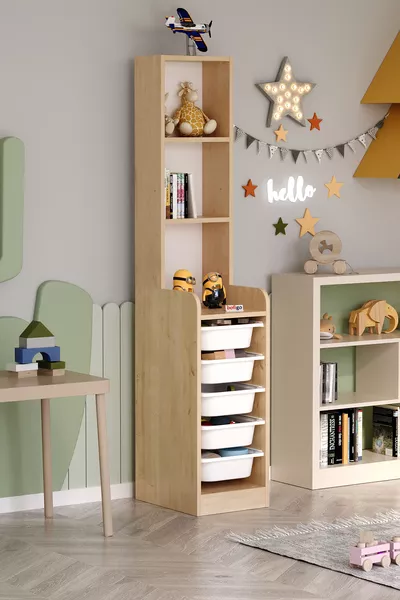 Шкаф с 3 рафта и 5 кошници, многофункционален шкаф за играчки, Derya Safir Еш