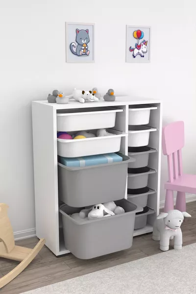 Зен Многофункционален шкаф за играчки с кошница Бял Сив