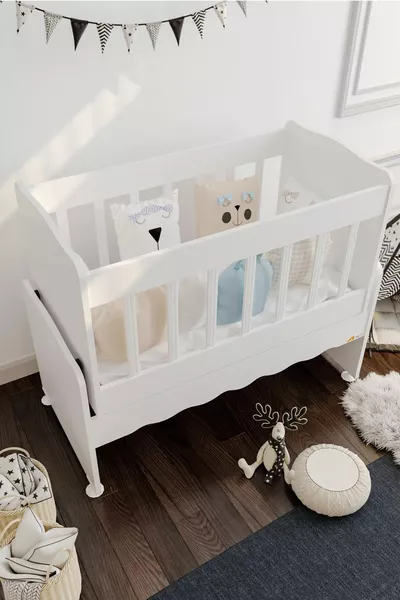 Rocking Mother-Side Wooden Baby Crib White Without Drawer