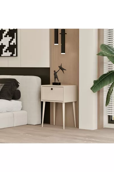 COMODINO CON UN ANTE IN LEGNO CANOPUS MDF COLORE SABBIA CON GAMBE IN LEGNO