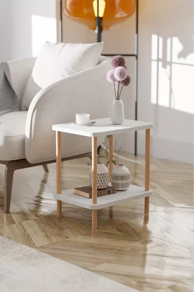2-Shelf Side Table with Magazine Rack, Bookshelf, Flower Stand, Multi-Purpose Nightstand