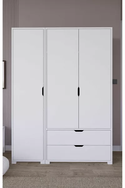 Armoire à vêtements Duru Mat Blanc à 3 portes et 2 tiroirs - Ensemble de garde-robe