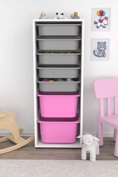 Zola 7 Körbchen Schrank Spielzeugschrank Multifunktionaler Küchen-, Bad- und Vorratsschrank Rosa Grau