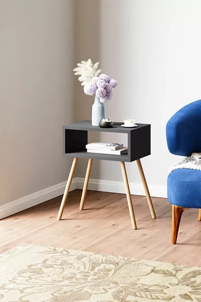 Bedside Table with Wooden Legs and Shelves - Anthracite Gray