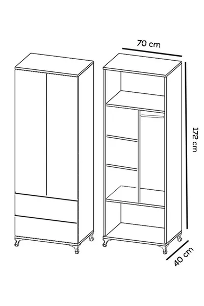 Armoire à vêtements avec 2 portes, 2 tiroirs et étagères
