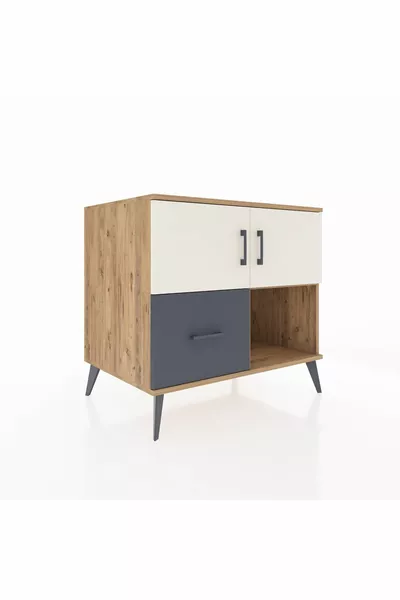 Comò Kronos con 2 ripiani, 1 cassetto e 2 ante, Pino-Pietra d'agata/Antracite