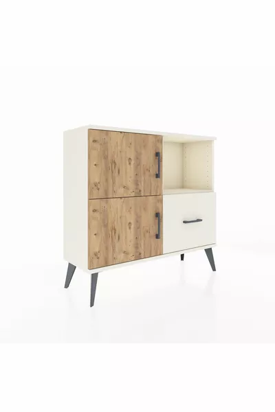 Commode Arges avec 2 étagères, 1 tiroir, 2 portes, couleur Pierre de lune/Pin