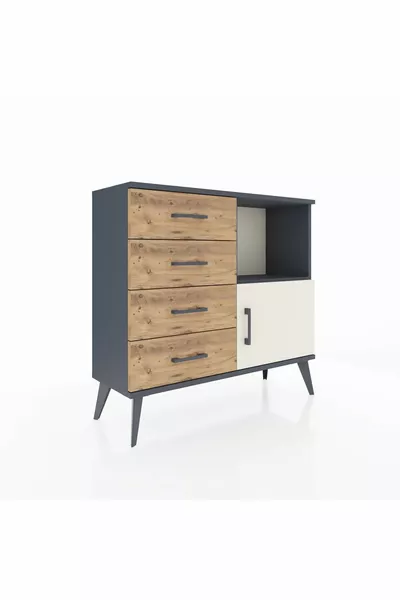 Arges Dresser with One Shelf, 4 Drawers, and One Door, Anthracite-Stone/ Pine