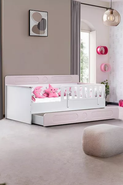Flora Children's Room Set, Flora Junior Bed, Dolunay 2-Door Wardrobe, Dresser, Bookshelf - Pink