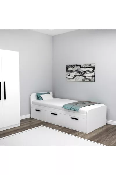 Akser White Bed Frame – Single Bed Compatible, Youth Bed with Wardrobe