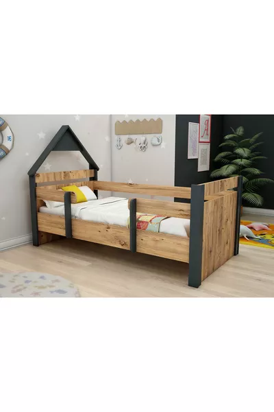 Valerin Kinder Montessori Bed Atlantisch Dennenhout Antraciet (KAN RECHTS OF LINKS GEMONTEERD WORDEN) - valerin