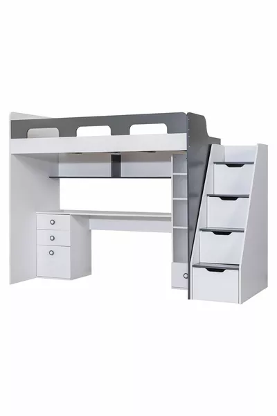 Letto a castello, Letto a castello con scrivania e libreria Troya - Antracite 1 Materasso Comfort