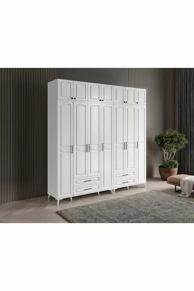 Armoire blanche complète en MDF avec 7 portes et penderie Gözde, montage gratuit