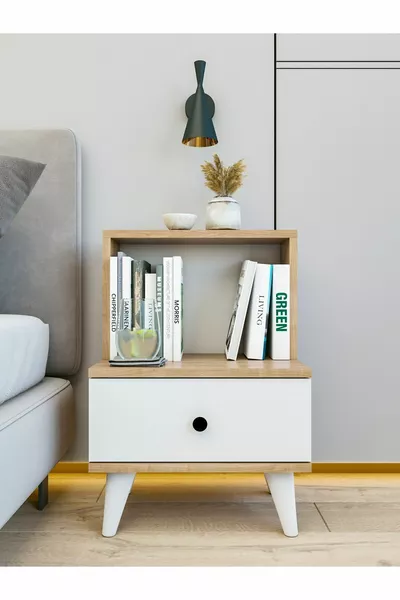 Table de chevet blanche brillante Marbella avec tiroirs et étagères pour chambre à coucher