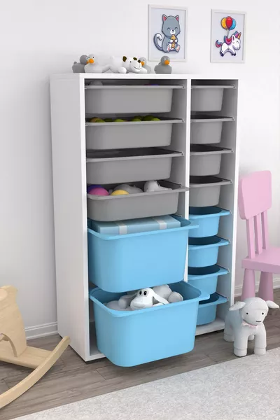 Armoire de jouets multifonction avec panier Rine Bleu Gris U