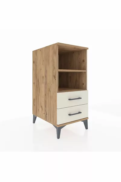 Table de chevet Kronos avec 2 étagères et 2 tiroirs, pin-granit