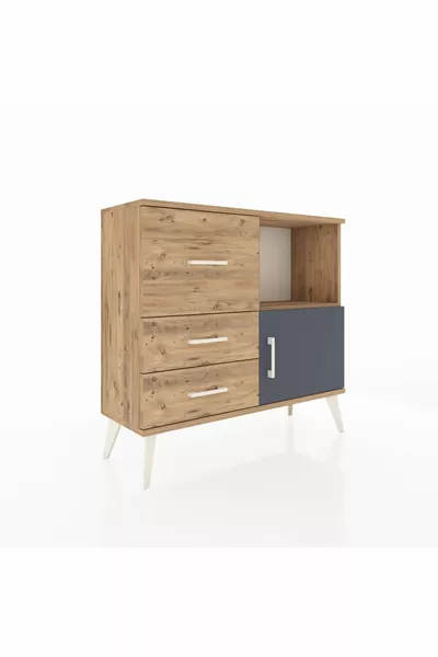 Commode Arges avec une étagère, 3 tiroirs et une porte, pin-anthracite/pin