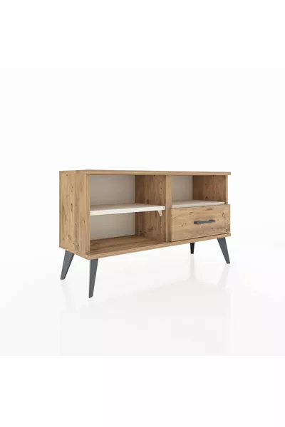 Commode Arges à 2 étagères et 1 tiroir Pin-Pierre de Lune / Pin