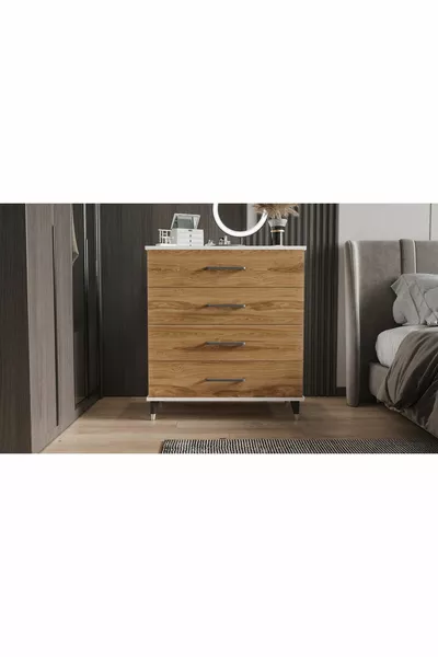 Commode à quatre tiroirs (BLANC BRILLANT + BOIS FONCÉ)