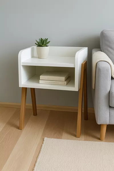 Table de chevet en MDF avec pieds en bois massif – Style scandinave moderne, apparence naturelle et élégante