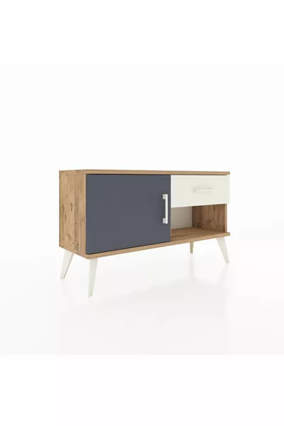 Cassettona Arges con un solo ripiano, un cassetto e una porta, pino-antracite/pietra di luna