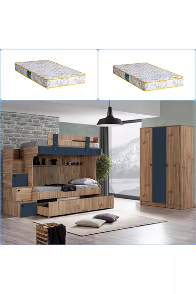 Letto a castello, Armadio con 3 ante + 2 materassi Comfort Riva