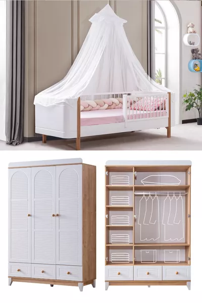 Perla Oak Children's Room, Walnut Perla 3-Door Wardrobe Lidya Bed