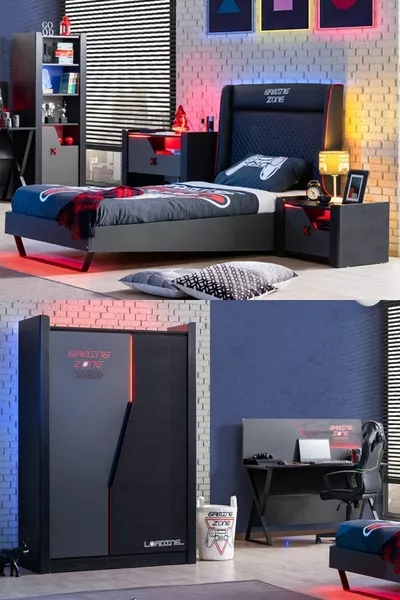 Gamer LED Youth Room - 2-Door Wardrobe, Bed, Nightstand, Desk, Dresser, Bookshelf