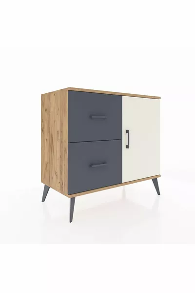 Commode Hyperion avec une seule étagère, 2 tiroirs et une porte, pin-gris/anthracite