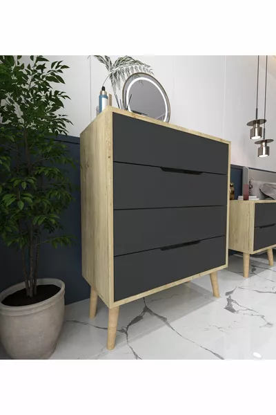 Flora Ladekast 4 Laden Slaapkamer Babykamer Saffier Eik-Antraciet