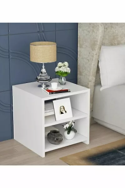 Comodino Moderno Bianco a 3 Ripiani – Tavolino da Comodino & Mini Libreria