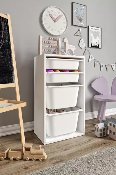 % MDF - Малък моно шкаф за играчки с 4 кошници