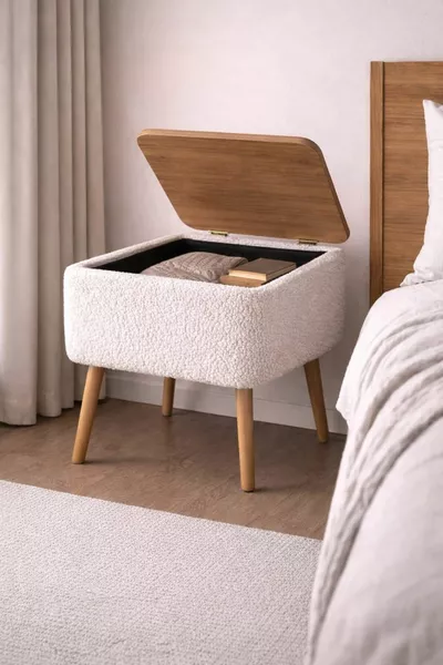 Table de chevet Nivo avec tiroir, revêtement en tissu Teddy et pieds en bois, table de chevet moderne