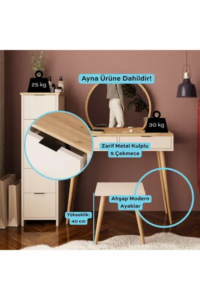 Set da Trucco Lucy – Vano Portaoggetti in Sandstone | Con Sgabello, Specchio, Multiuso