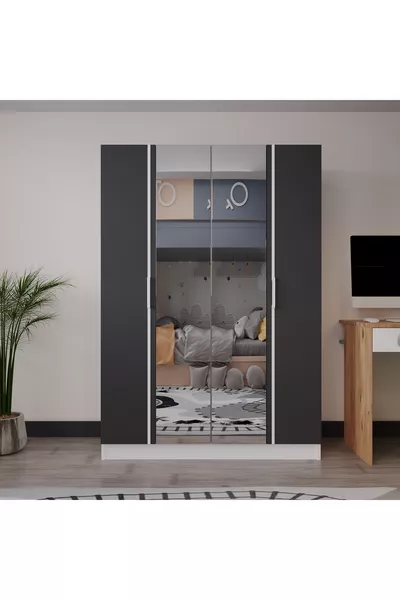 Armoire 4 portes PIANO pour chambre d'adolescent/enfant - Armoire gris anthracite et blanc avec miroir